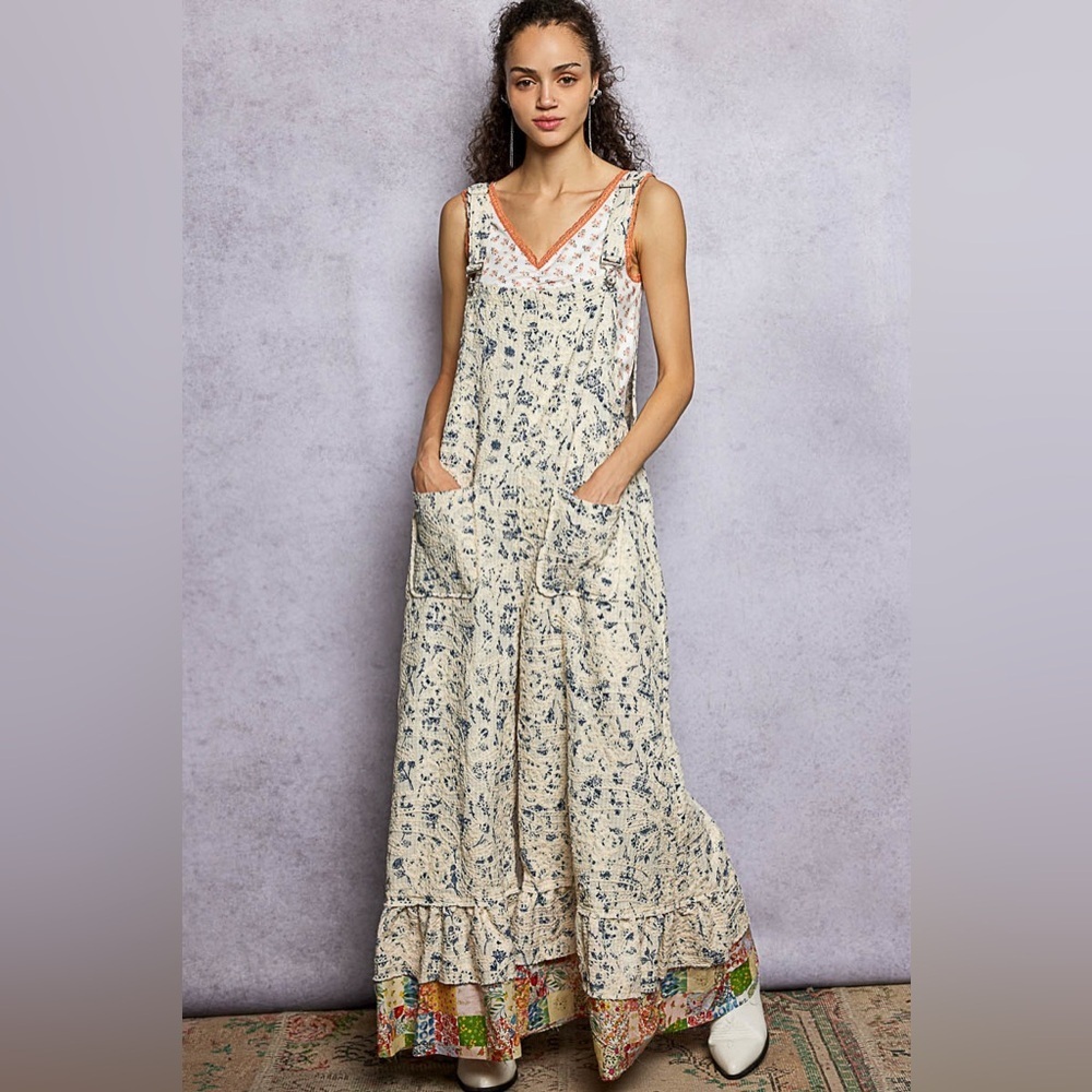 POL Floral Print Cream Garden Overalls